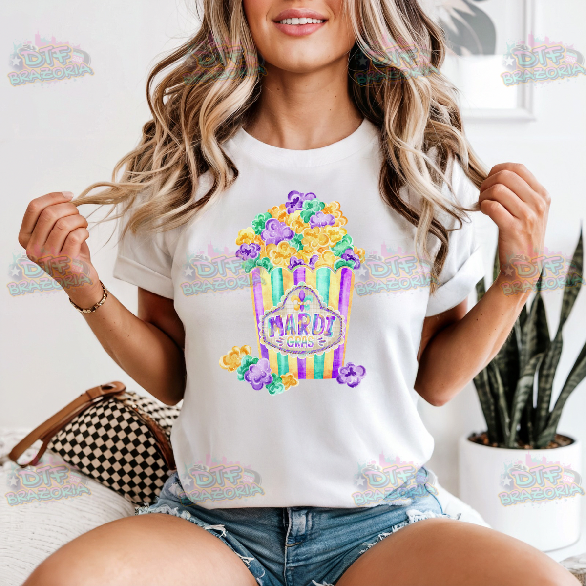 Mardi Gras Popcorn DTF Transfer | Ready-to-Press | Purple Green Gold Design