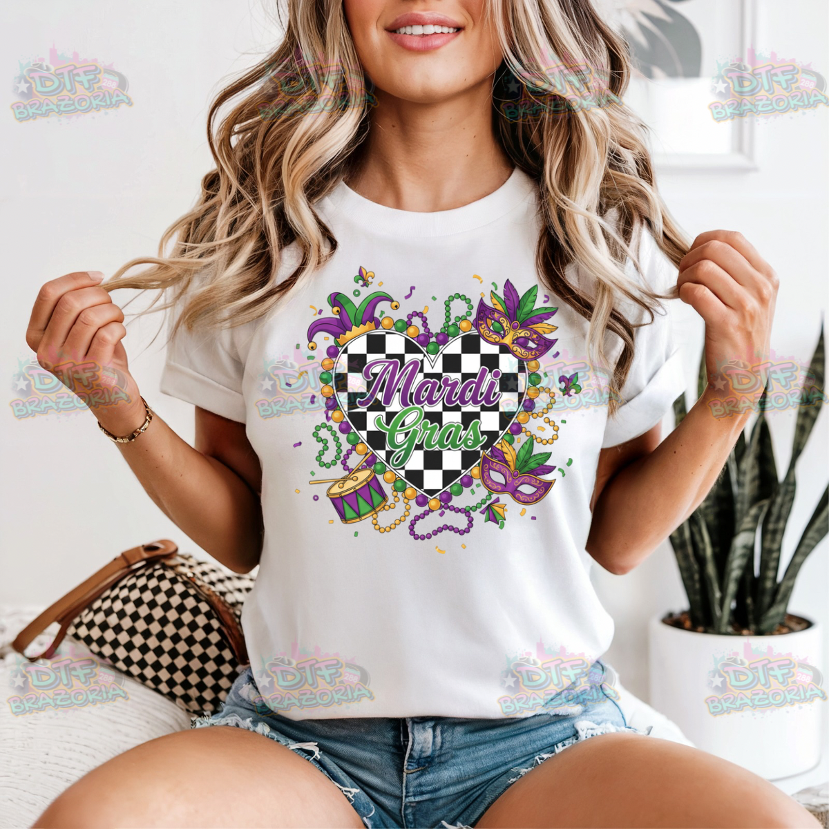 Mardi Gras Checkered Heart DTF Transfer | Ready-to-Press | Mask Beads & Drum Design
