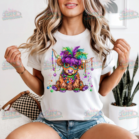 Mardi Gras Highland Cow DTF Transfer | Ready-to-Press | Beads & Mask Design