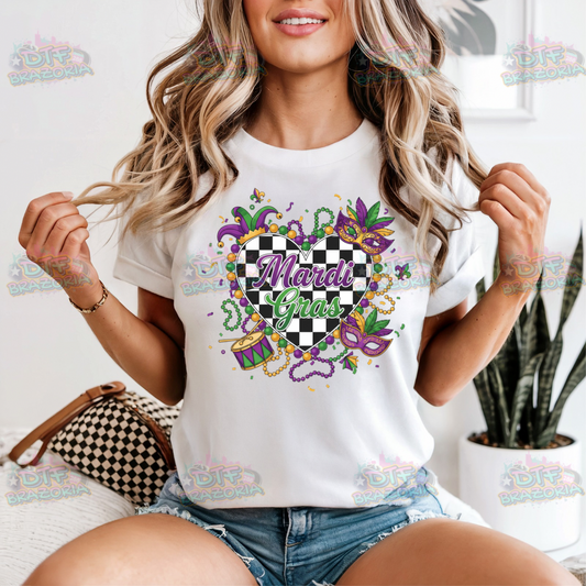 Mardi Gras Checkered Heart DTF Transfer | Ready-to-Press | Mask Beads & Drum Design